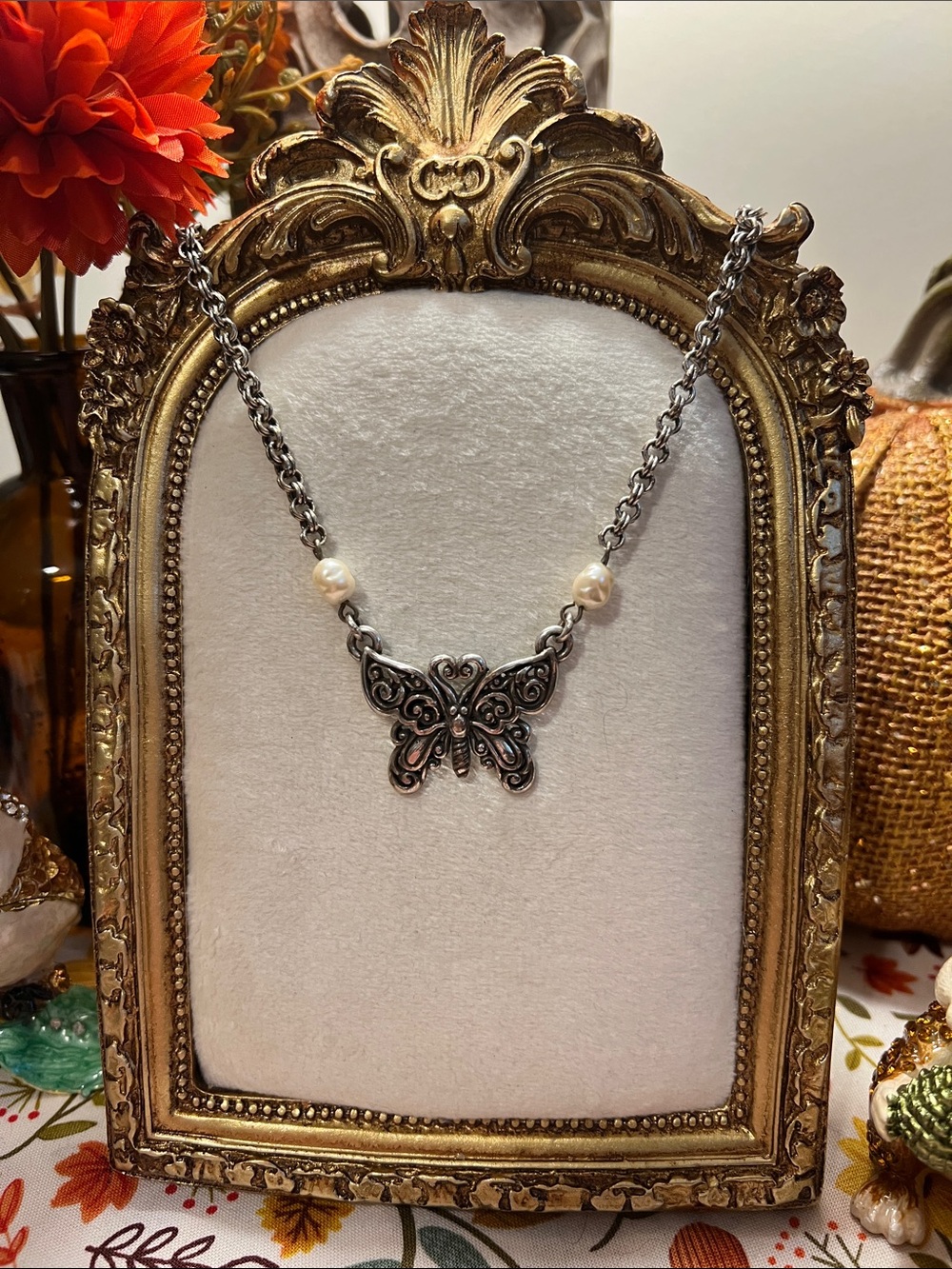 Retired Brighton Silver-Tone Butterfly Necklace with Cream Pearls